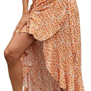 Simple Orange Floral High Low Skirt